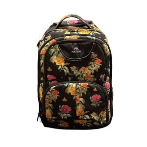 Matein rolling backpack black with floral pattern. Multiple zippered pockets.